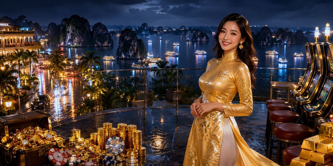 Người phụ nữ mặc áo dài chơi slot game trên du thuyền tại vịnh Hạ Long